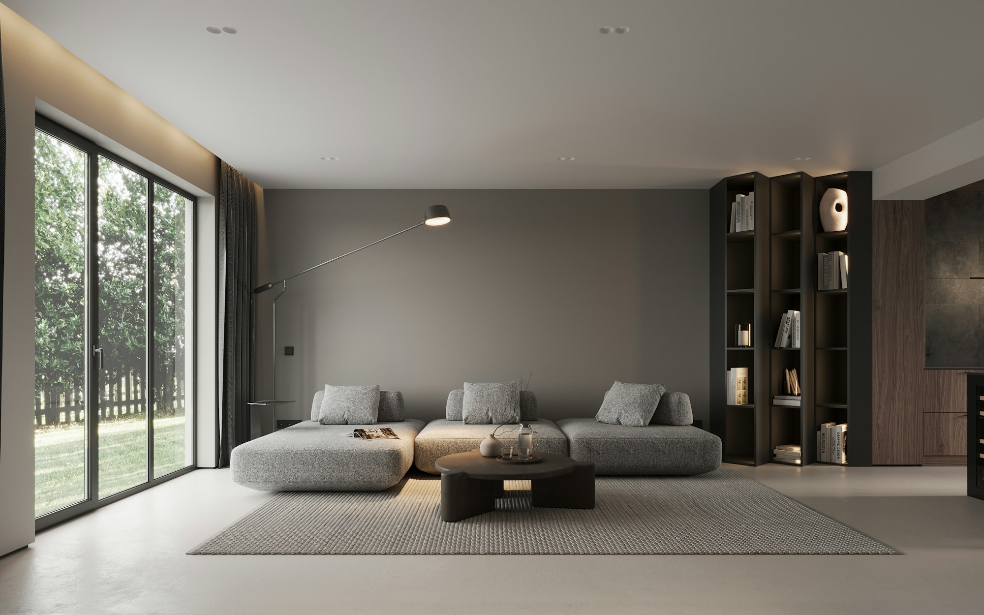 Sunlit living room with large windows, freshly cleaned